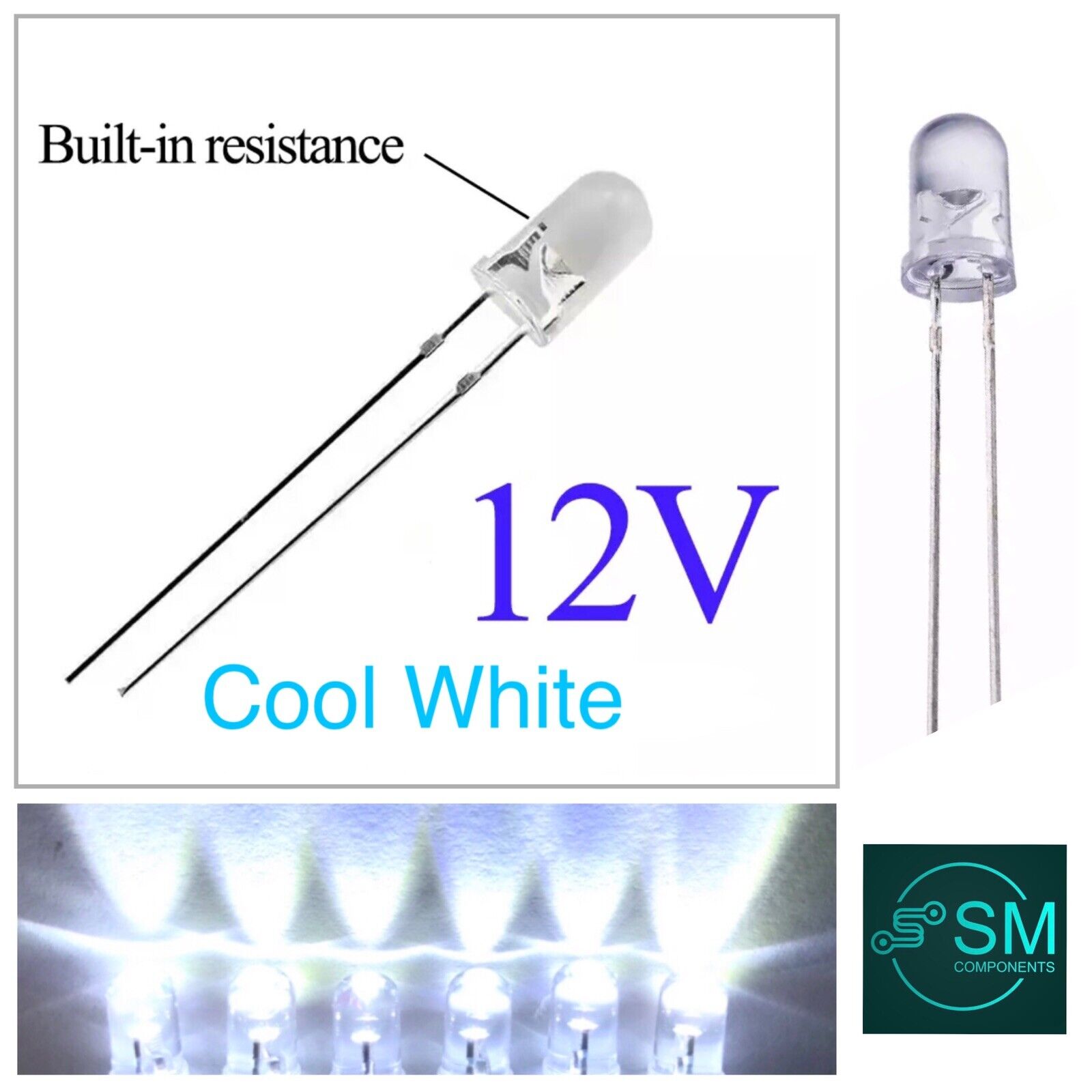 100PCS 5mm WHITE LEDS 4-12 VOLT DC Light Emitting Diode Round NO RESIS ...