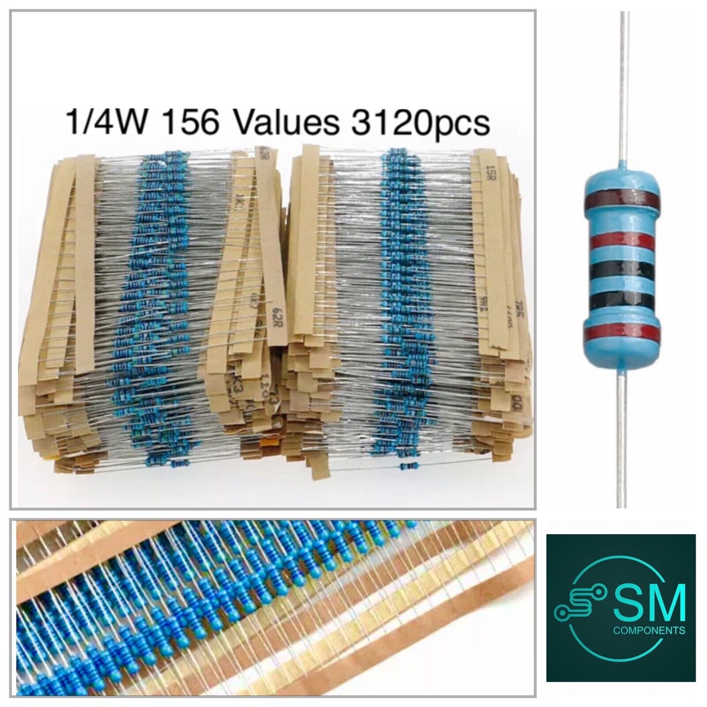 3120Pcs 1/4W Metal Film Fixed Resistor Kit, 156Values 1-10M Resistor