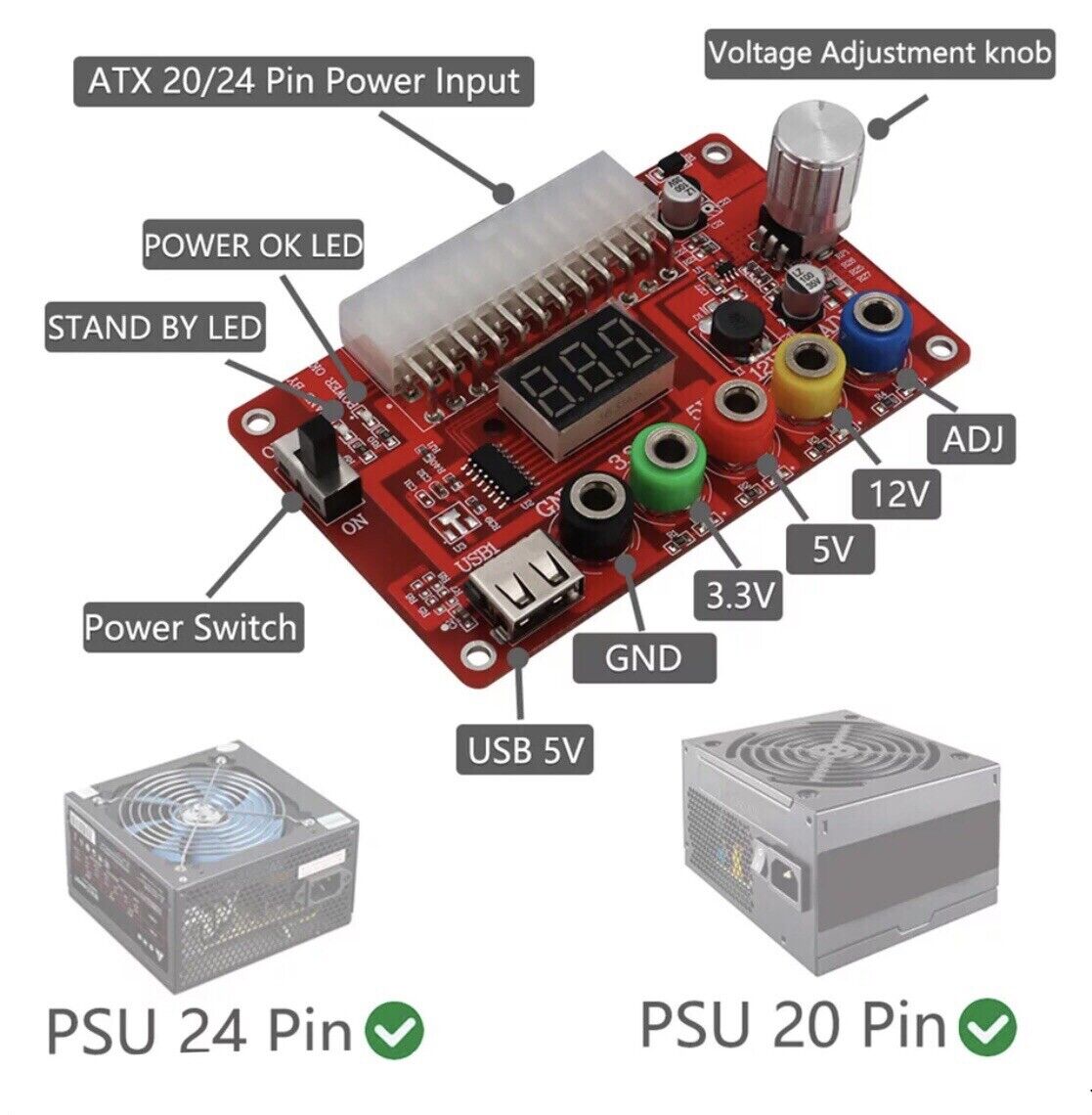 1PC 24 Pin ATX Breakout Power Supply Board Output 3.3V/5V/12V 1.8V-10.8V(ADJ)