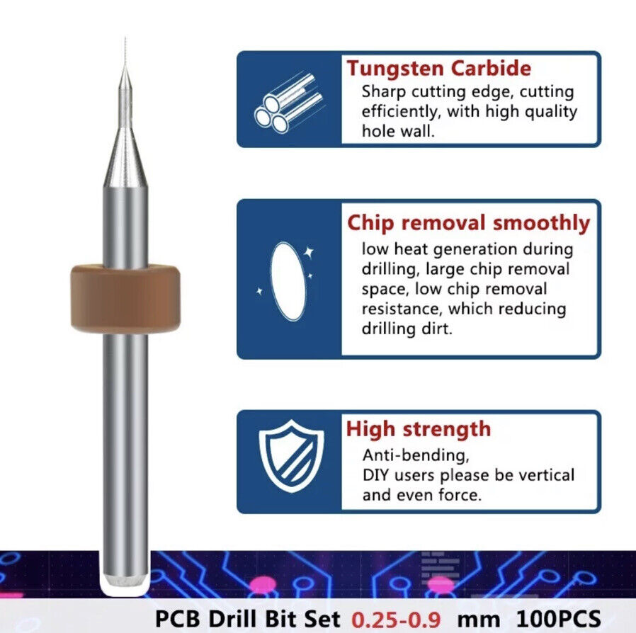 100Pcs 0.25-0.9mm PCB Print Circuit Board Tungsten Carbide Micro Drill Bit Set