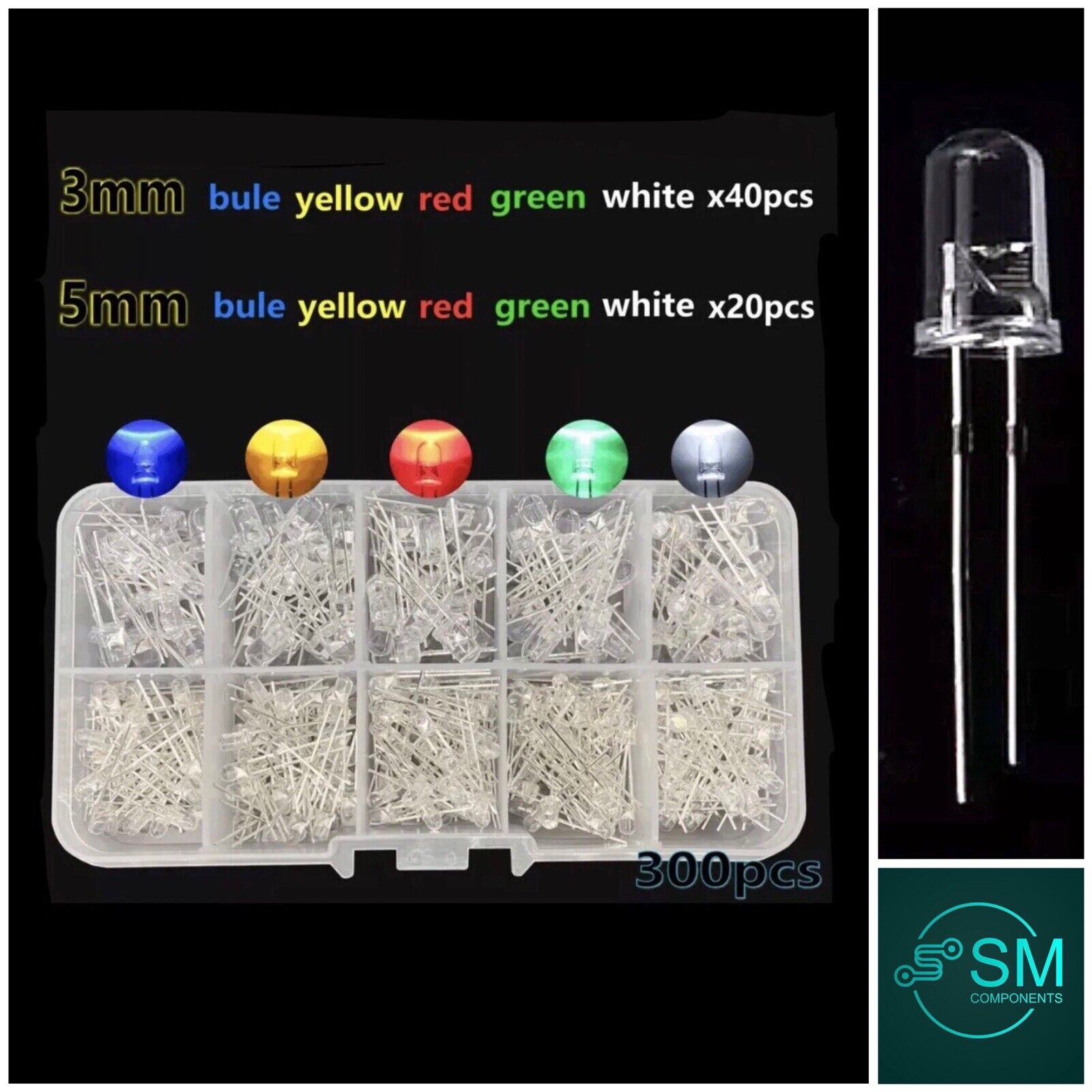 300pcs 3mm & 5mm LED Diodes Clear Assorted Blue Red Yellow Green White ...