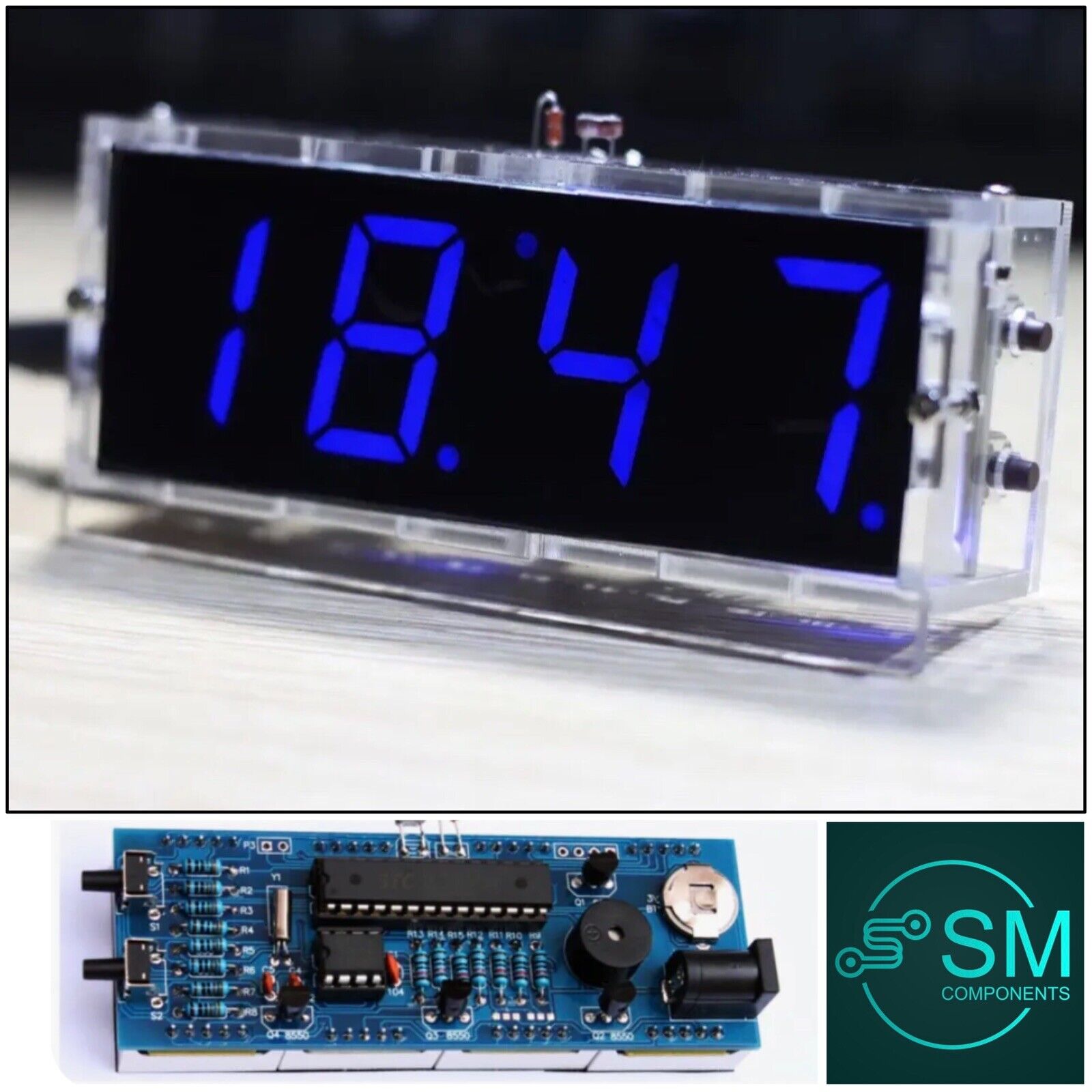 Led Clock Kit 4-digit DIY Electronic Digital LED Clock Kit Alarm BLUE Auto Display T ...