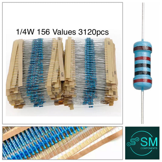 1/4W Metal Film Resistors 156 Values 1Ω -10MΩ 1/4W (0.25) 3120pcs Assortment Kit