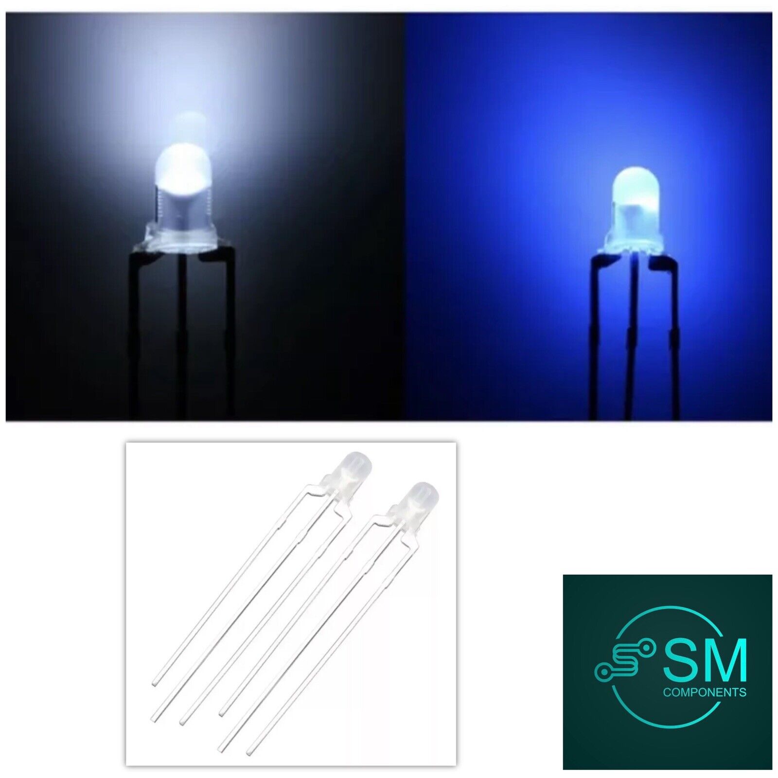 100PCS LED 3mm BLUE-WHITE 3-Pin Dual Bi-Color Diffused Common Cathode ...