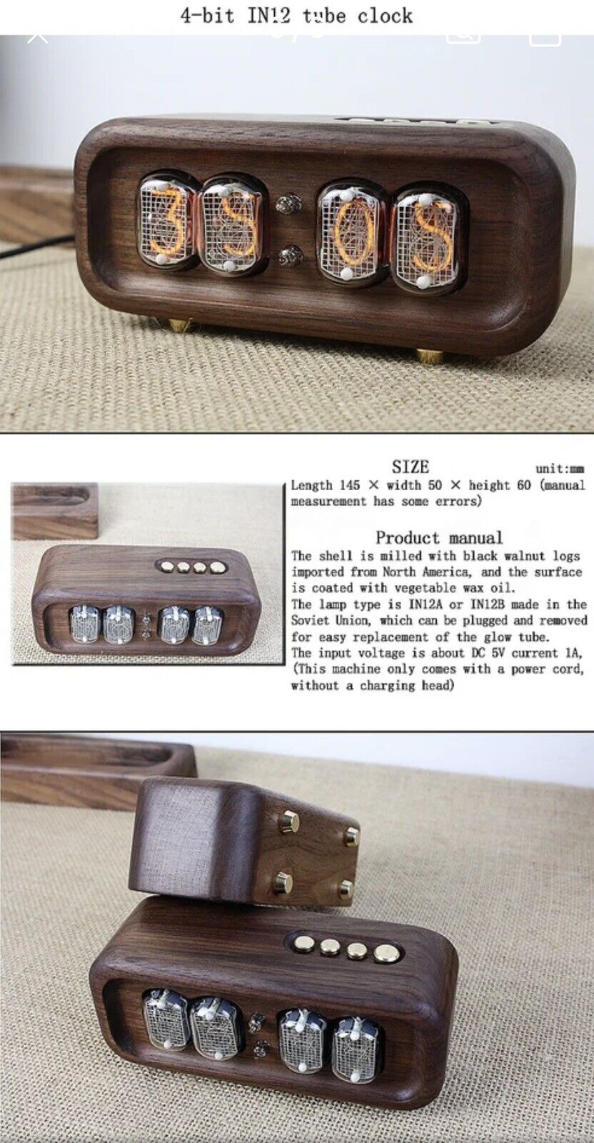 IN-12 IN12 4 Digit Nixie tube Clock Inc Dark Walnut Enclosure & Base 12/24 Hr