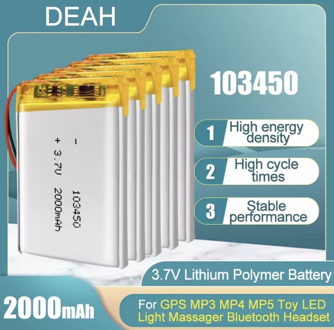 1 X Lithium Polymer Ion Battery LiPo 2000mAh 3.7V 103450 34x50x10 PH2.0 Connect