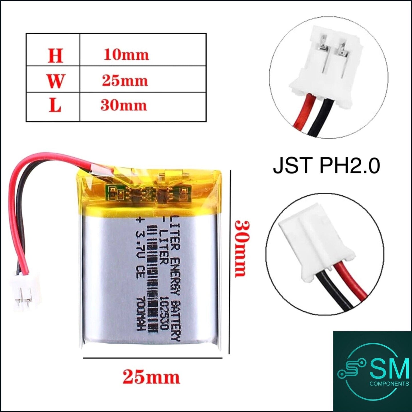 1 X Polymer Lithium Ion Battery LiPo 700mAh 3.7V 102530 10x25x30 Inc JST PH2.0