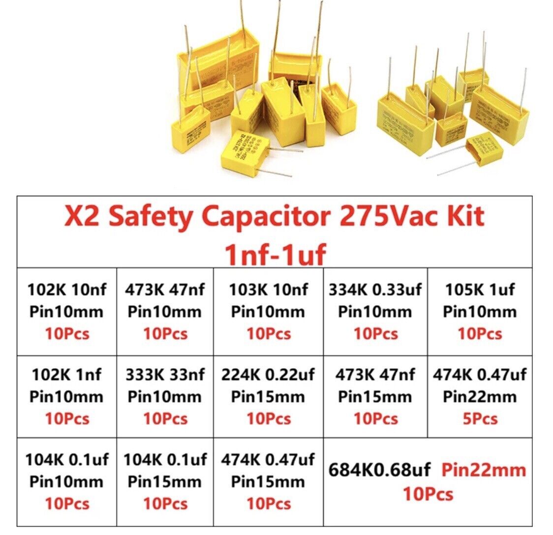 135PCS 14values X2 Safety Capacitor 275VAC 102K-105K 1NF~1UF Assorted ...