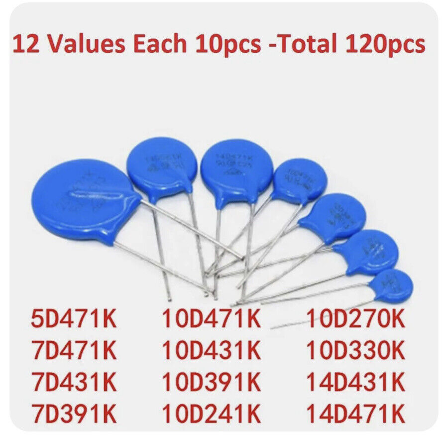 Product Varistor 120pc Metal Oxide Varistor Kit 5D471K to 14D471K 12 Values X 10pcs Eac ...