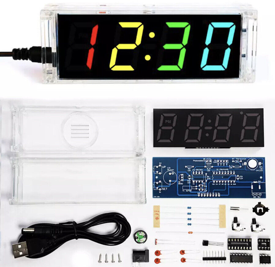 Led Clock Kit 4-digit DIY Electronic Digital LED Clock Kit Alarm RGB Auto Display Ti ...